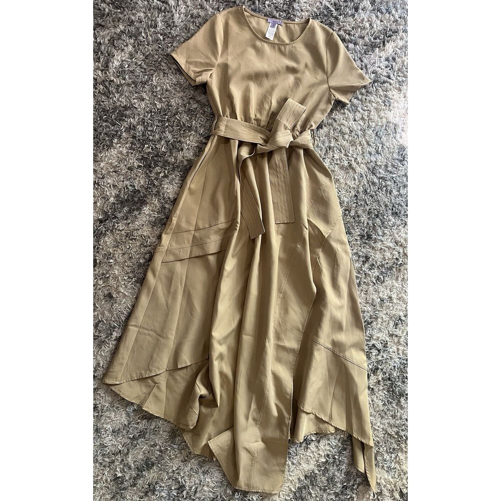 Eien Tan Round Neck Asymmetrical Hem Dress with Belt Sz Small Pockets